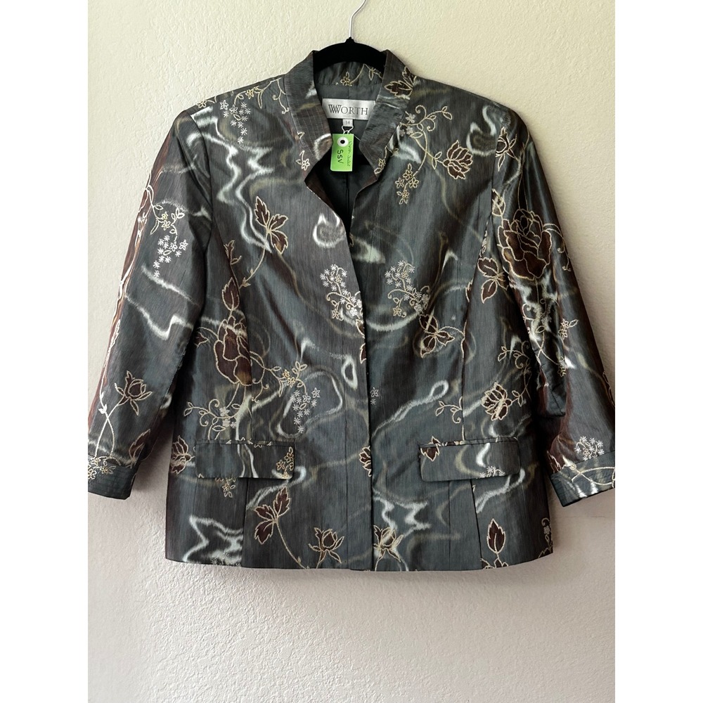 Worth New York Womens Grey Metallic Floral Embroidered Blazer Jacket Size 14
